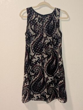 Monsoon Silk Blend Paisley Shift Dress in Black, Cream and Silver Metallic